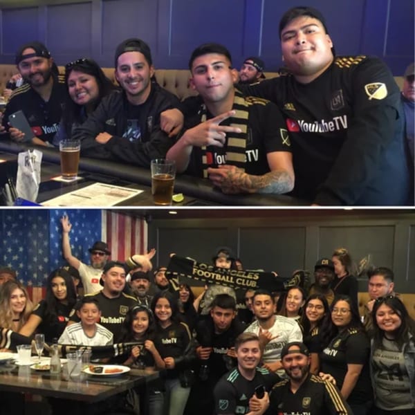 Two images show groups of people in LAFC gear, some holding a "Los Angeles Football Club" banner, at R Bar.